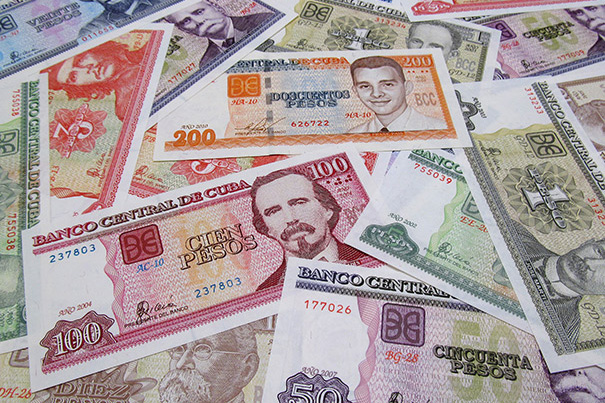 Money of Cuba. Cuban peso bills. CUP banknotes. 3 pesos. Business